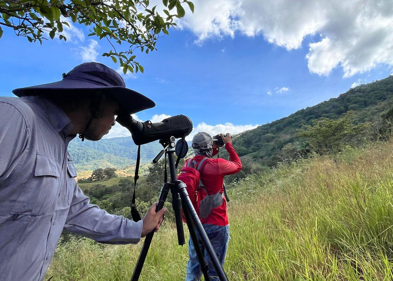 Dos personas observan aves con binoculares y telescopio en una zona montañosa de Azuero durante una jornada de monitoreo de guacamayas.