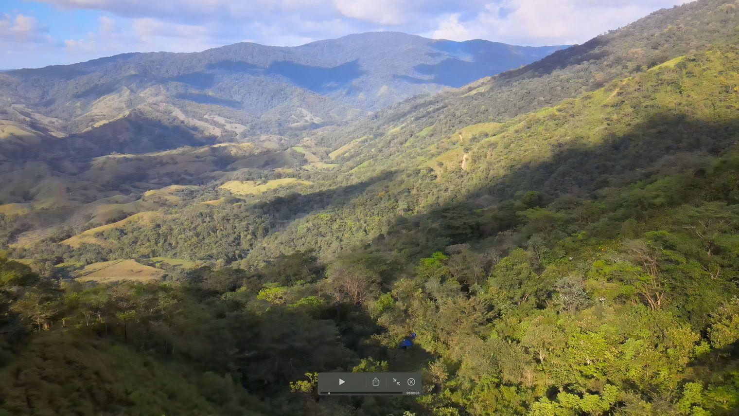 Mountain forest landscape in La Barra, Azuero, where Ara Panama monitors macaws near Cerro Hoya National Park.